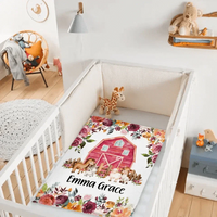 Floral Girl Farm Animal Blanket, Personalized Baby Girl Name Custom Blanket - Joliny