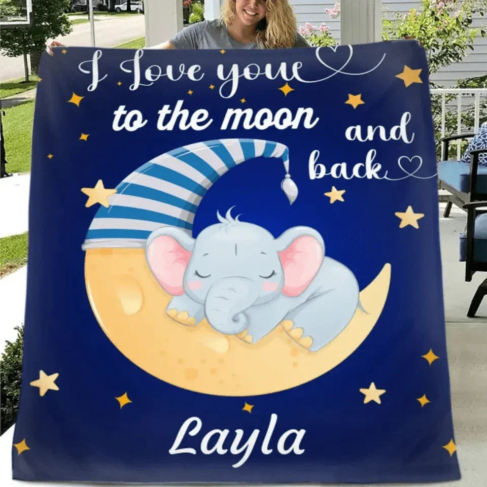 I Love You To The Moon And Back - Personalized Blue Name Blanket - Stars, Baby Elephant And Moon With Nightcap