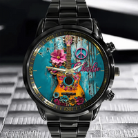 Customized Hippie-Inspired Musical Instrument Watch – Personalized Name Engraved Instrument Patterned Watch - A Gift For Music Enthusiast,Musicians,Friend,BFF - Joliny