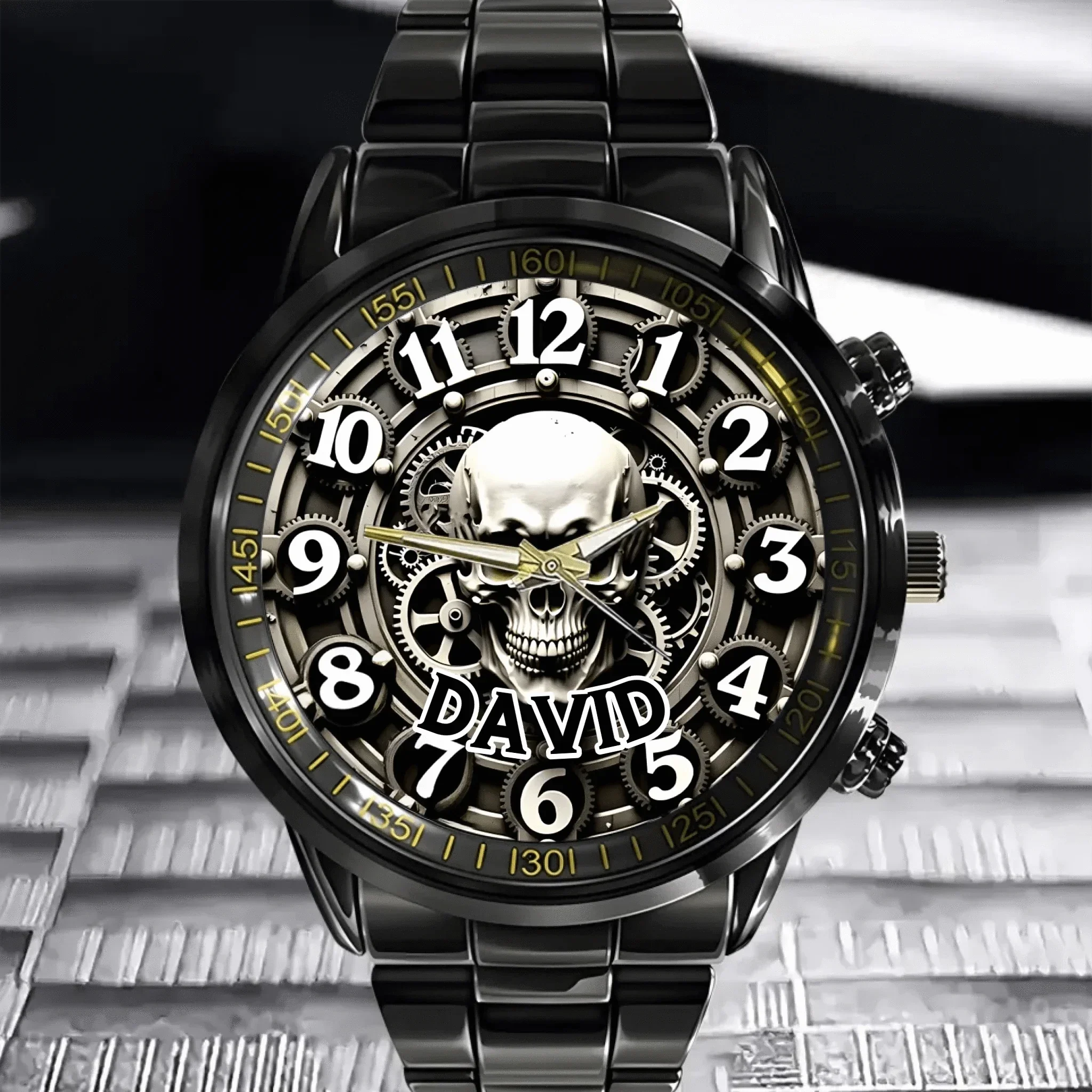 Customized Skull and Gear Pattern Watch – Personalized Name Watch – A Gift for Friend, Brother, BFF