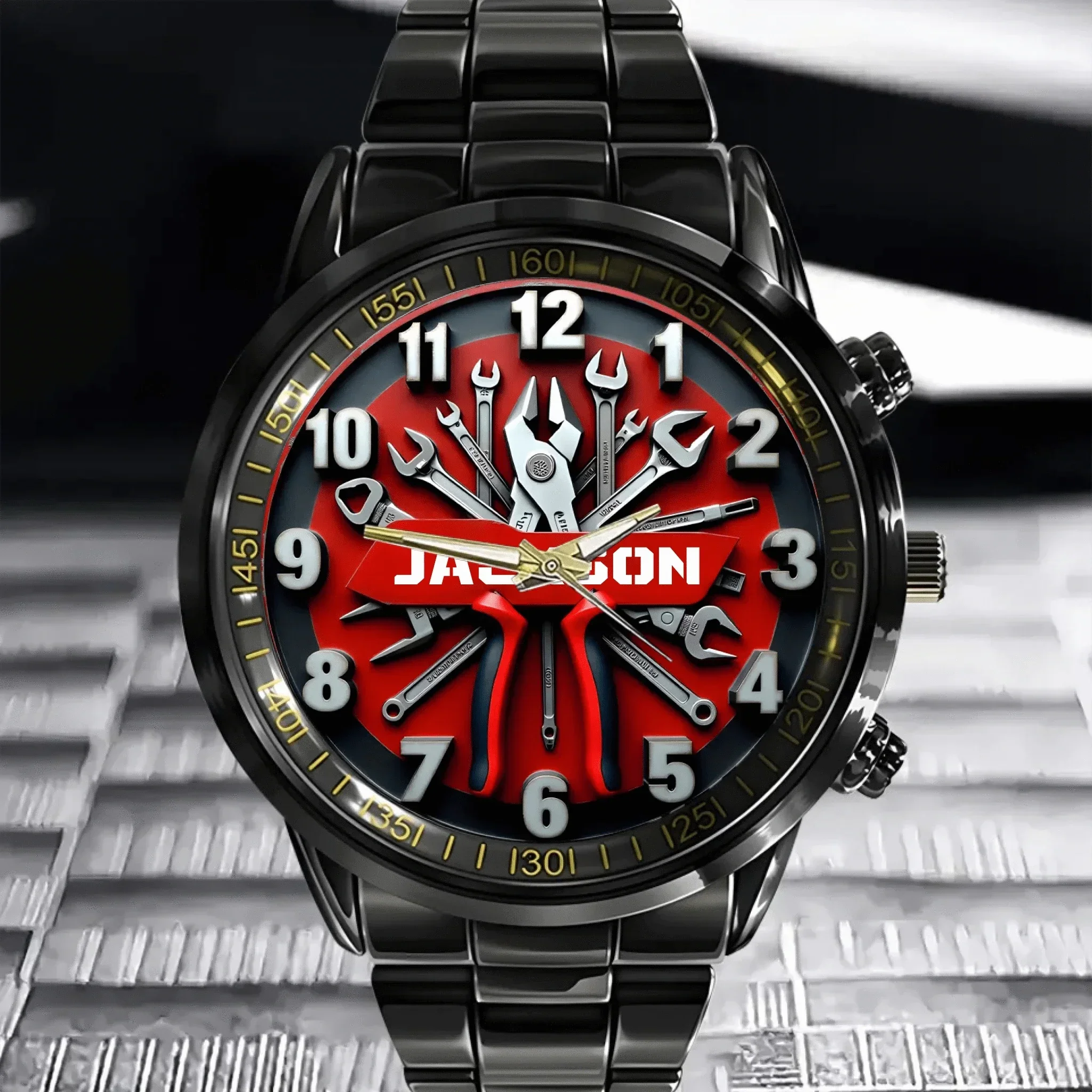 Mechanics is Power - Mechanical Tool-design Watches with Personalized Names, Featuring Patterns of Wrenches - A Gift For Family,Boyfriend,Dad,Mechanical Enthusiast