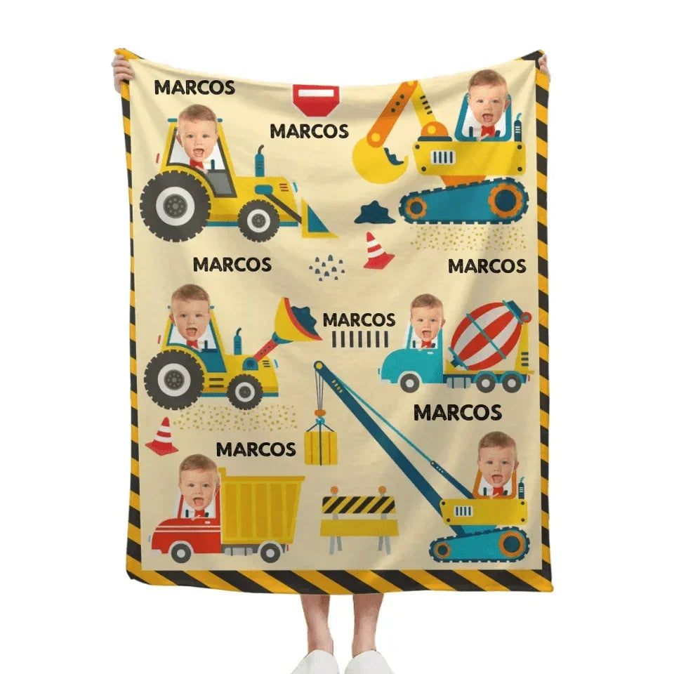 Minor Engineer - Personalised Name And Photo Construction Equipment Print Blanket - A Gift For Child