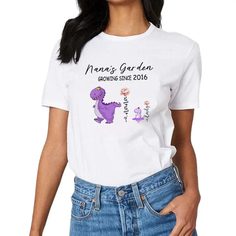 Nana's Garden T-shirt - Customized Name Dinosaur Month Flowers - Joliny