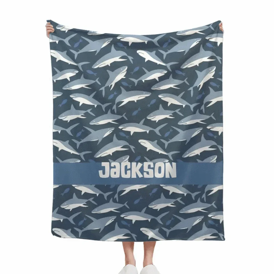 Nautical Shark Theme Personalized Name Custom Blanket - Gift For Children
