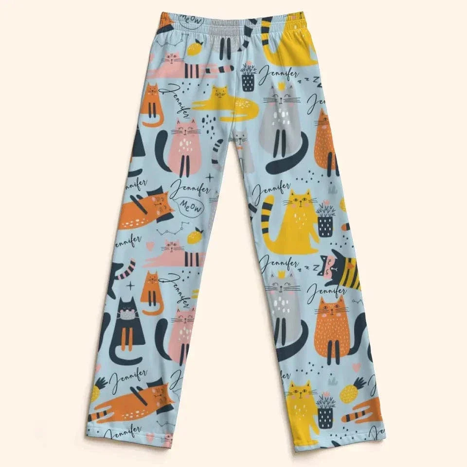 Cat Pattern Customized Pajama Set - Personalized Name Cartoon Comfort Pajamas - A Gift For Yourself,Friend,Family,Cat Lovers