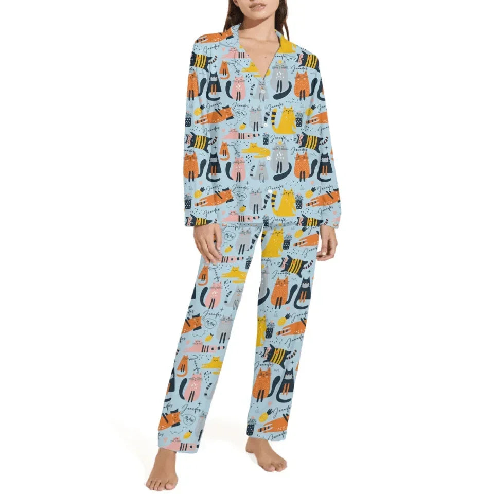 Cat Pattern Customized Pajama Set - Personalized Name Cartoon Comfort Pajamas - A Gift For Yourself,Friend,Family,Cat Lovers