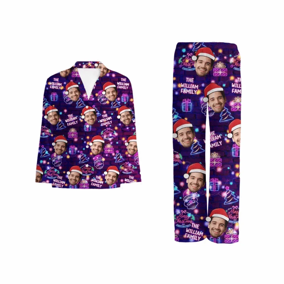 Customized Photo Funny Pajama - Personalized Photo and Family Name Neon Style Pajamas - Fun Gifts For Husband,Wife,Family - Joliny