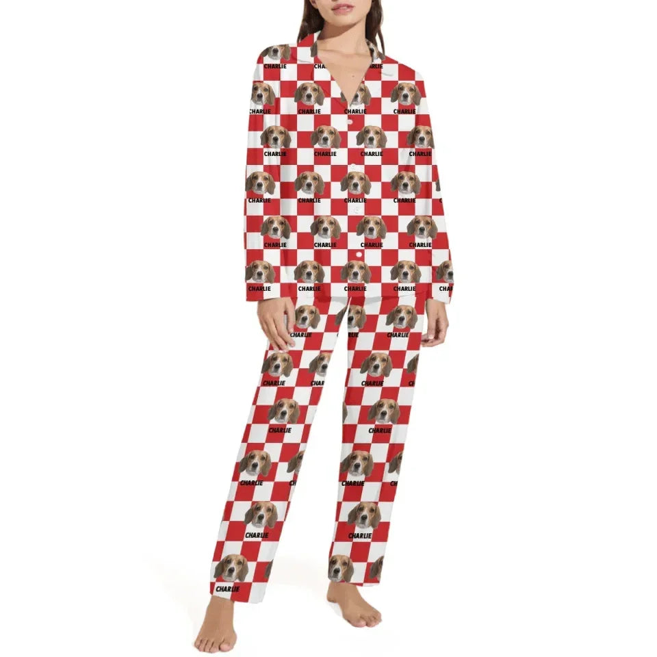Personalized Customized Dog And Cat Face Photo Multi-Color Plaid Name Pajama Set