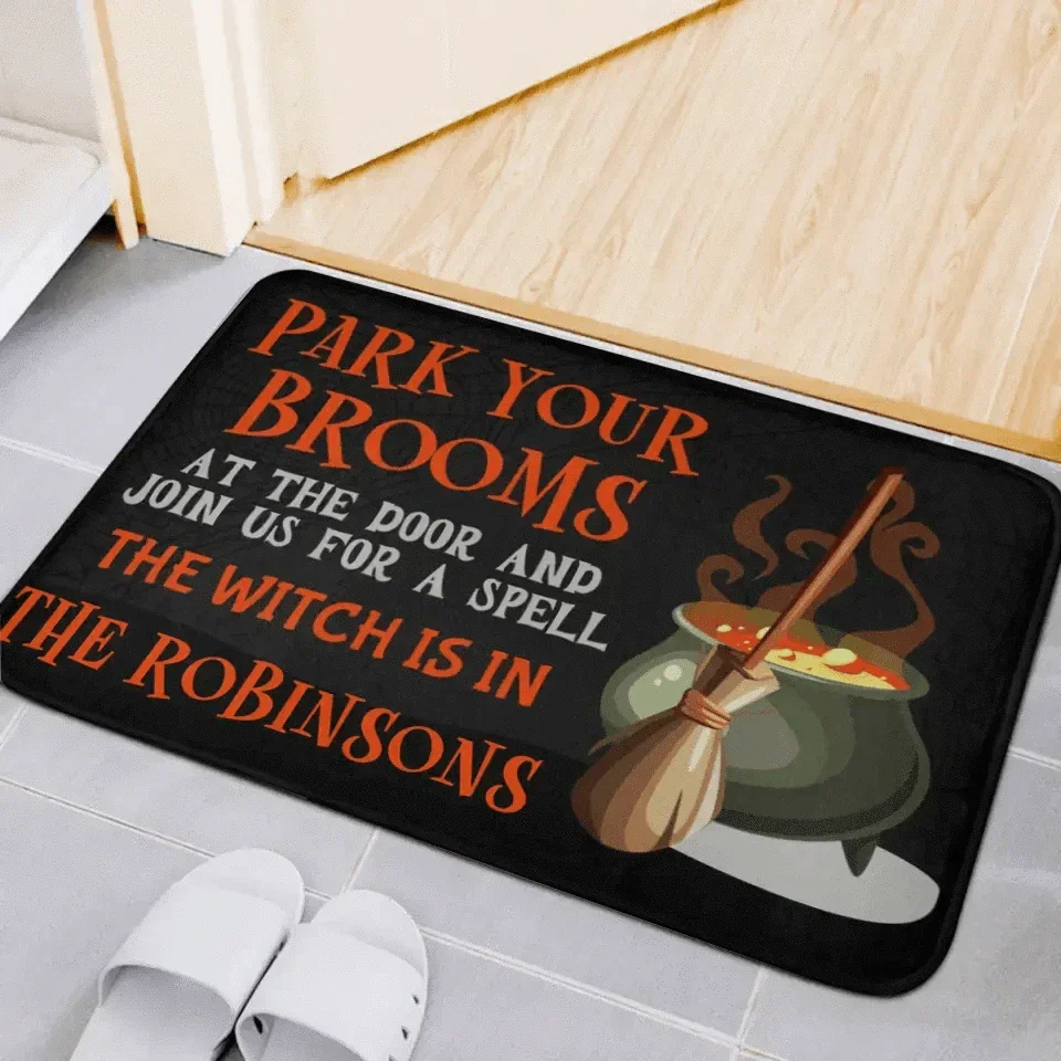 Park Your Brooms and Join Us for a Spell - Personalized Decorative Mat, Halloween Gift.