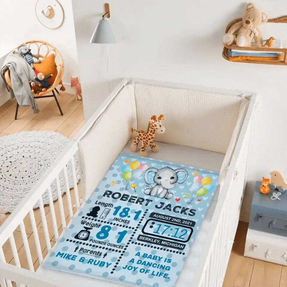 Personalized Baby Birth Stats Elephant Blanket for Boys Girls - Joliny