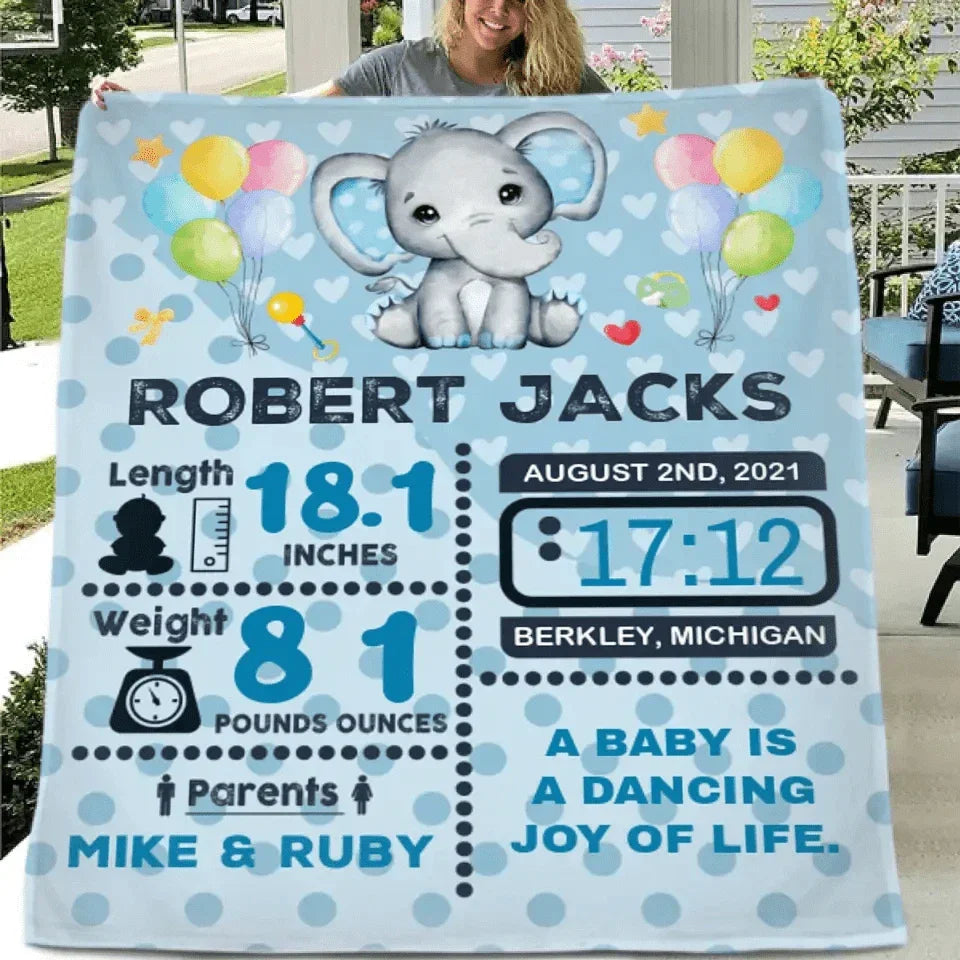 Personalized Baby Birth Stats Elephant Blanket for Boys Girls