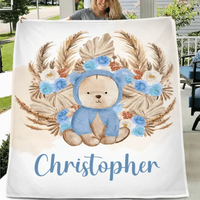 Personalized Bear Blanket With Yellow Leaves Background And Flowers - Joliny