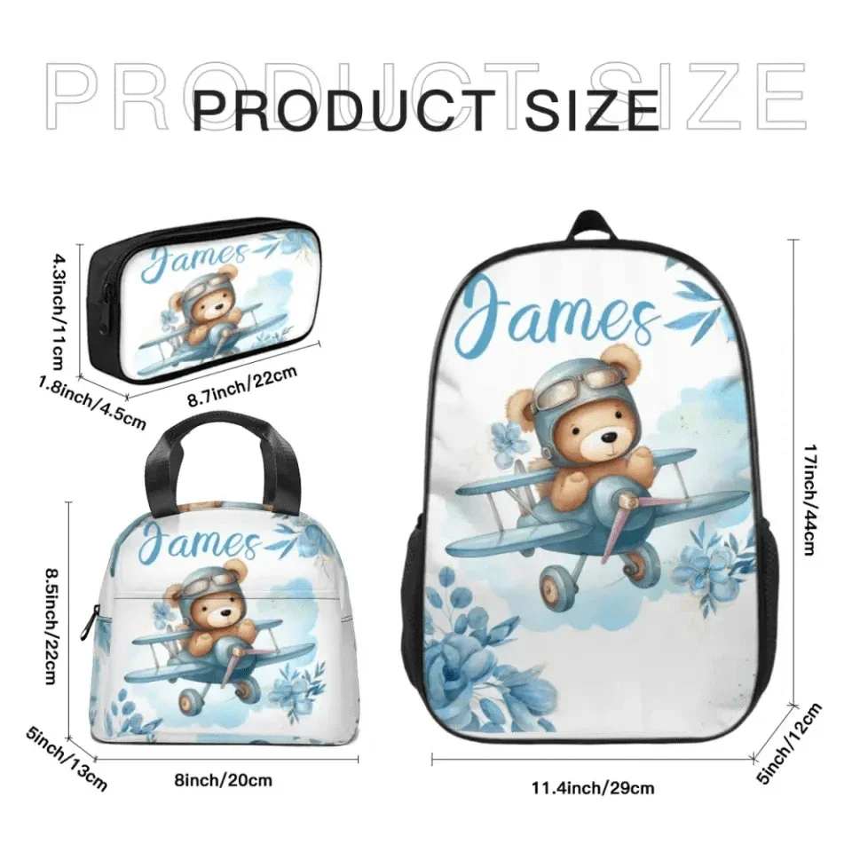 Personalized Blue Airplane Bear Name Backpack Children's School Season Gift - Joliny