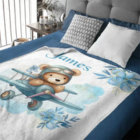 Personalized Blue Airplane Bear Name Blanket - Joliny
