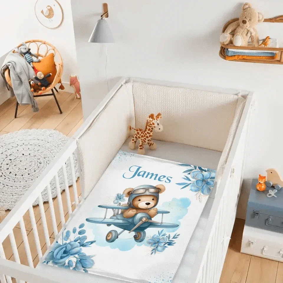 Personalized Blue Airplane Bear Name Blanket - Joliny