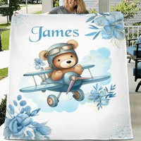 Personalized Blue Airplane Bear Name Blanket - Joliny