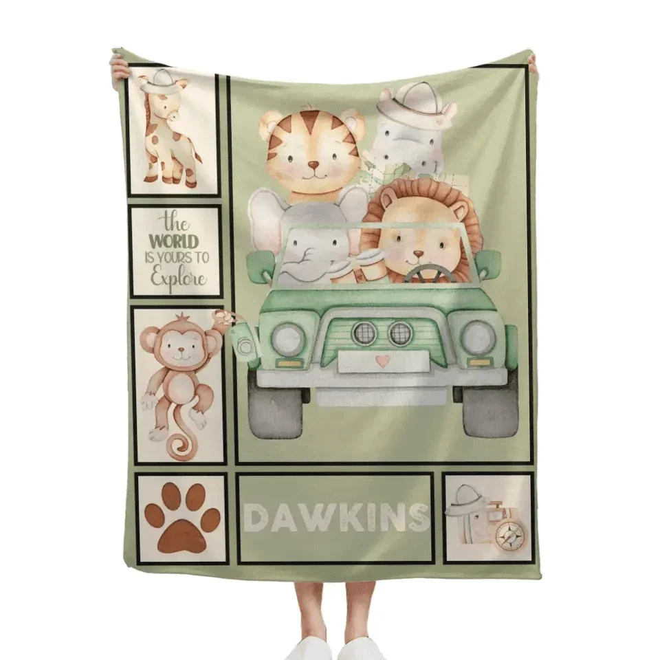 Personalized Boys Name Blanket - Lion Tiger Animals Bedroom Decor, The World Is Yours to Explore