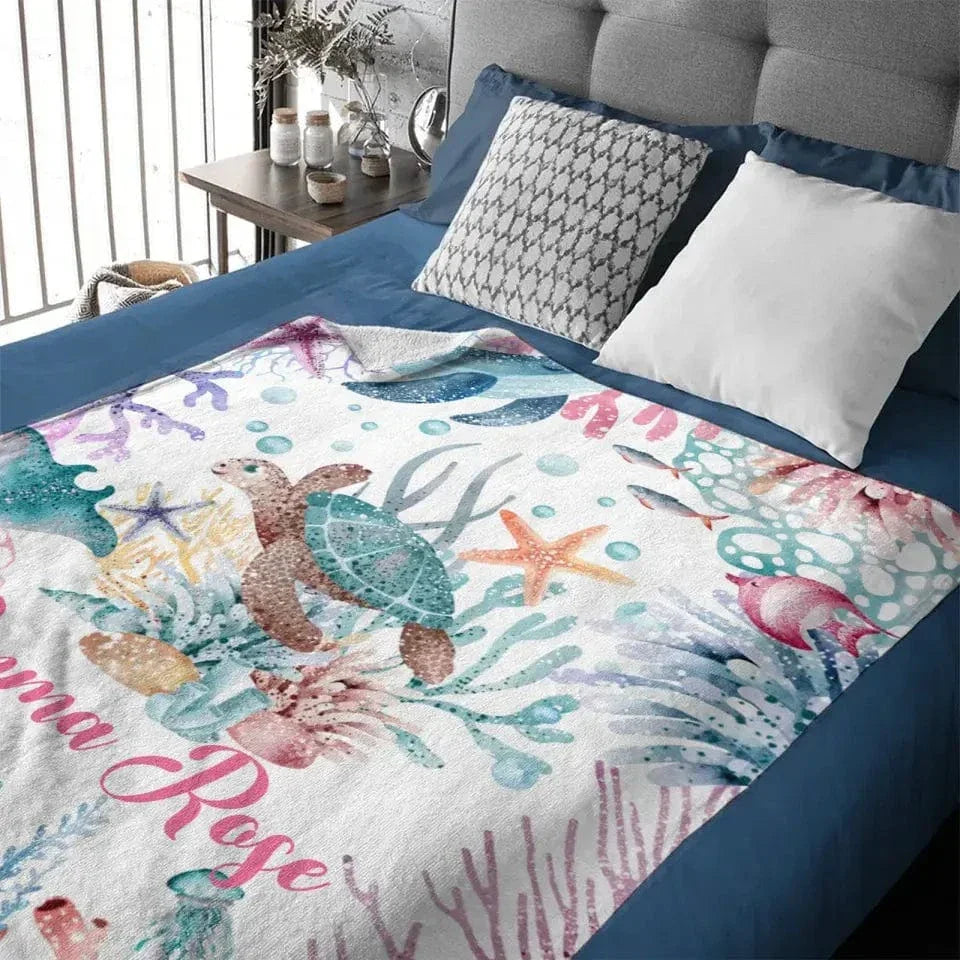 Personalized Colorful Under the Sea Turtle Blanket - Joliny