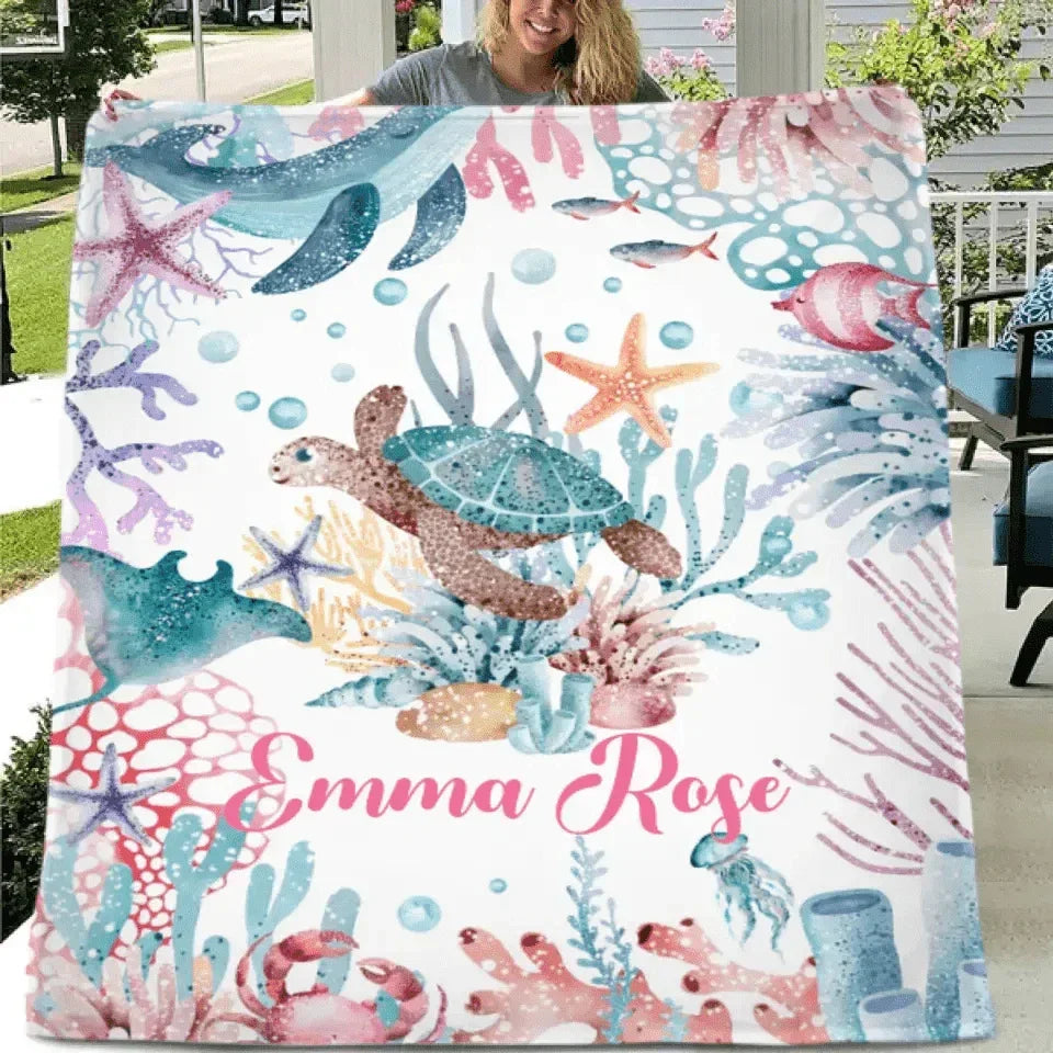 Personalized Colorful Under the Sea Turtle Blanket - Joliny