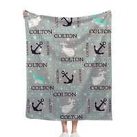 Personalized Custom Baby Blanket - Anchors Away Nautical Whale Baby Name Blanket - Joliny