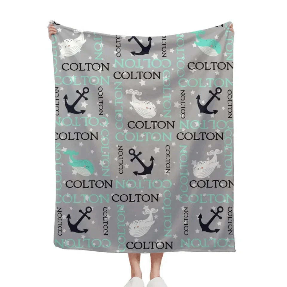 Personalized Custom Baby Blanket - Anchors Away Nautical Whale Baby Name Blanket - Joliny