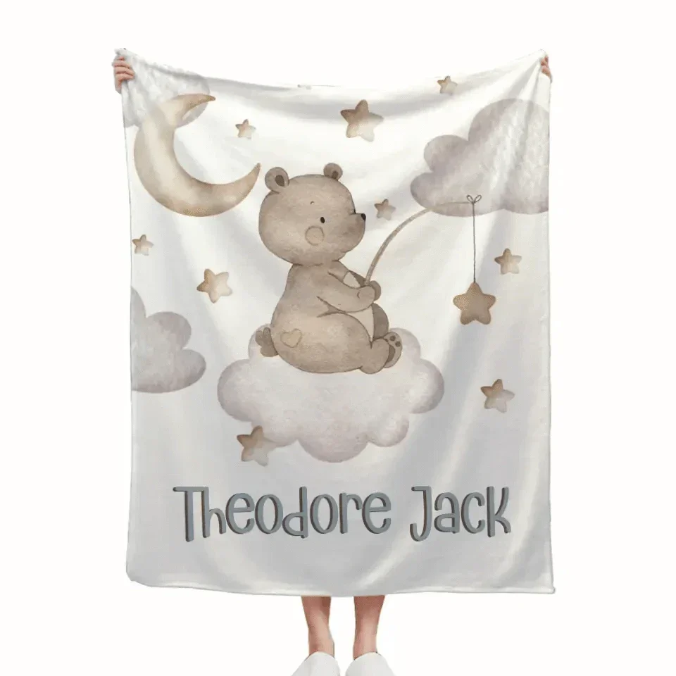 Personalized Custom Baby Boy Name Blanket - Bear Moon Stars in Sky Blanket, Newborn Boy Baby Gift - Joliny