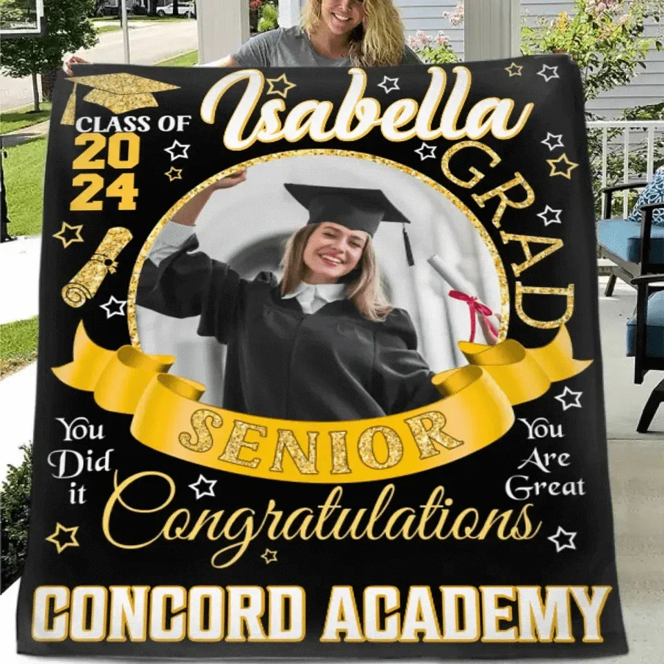 Personalized Custom Class of 2024 Graduation Blankets - Ribbon Customized Name Photo - High School College Senior Graduation Gifts - Joliny