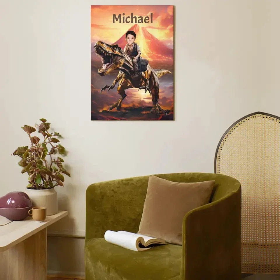 Personalized Custom Dinosaur Canvas Wall Art - Child Riding T-Rex Dinosaur, Gifts For Grandson/Son/Dinosaur Lover - Joliny