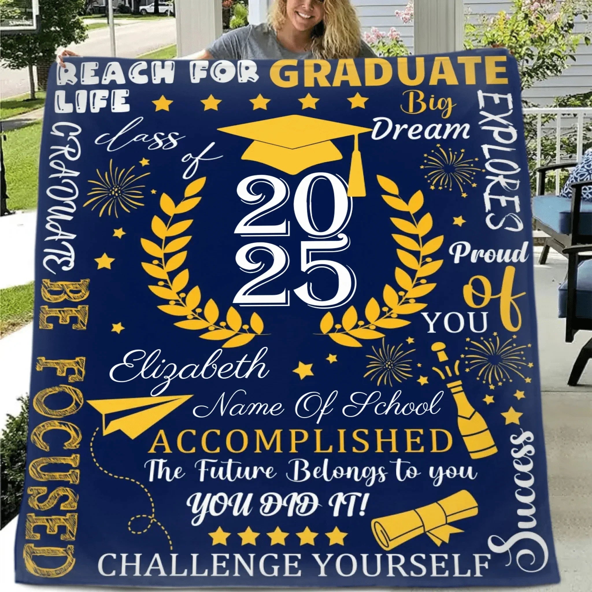 Personalized Custom Graduate Class of 2025 Blanket - Gifts for Grads - champagne party wheat elements