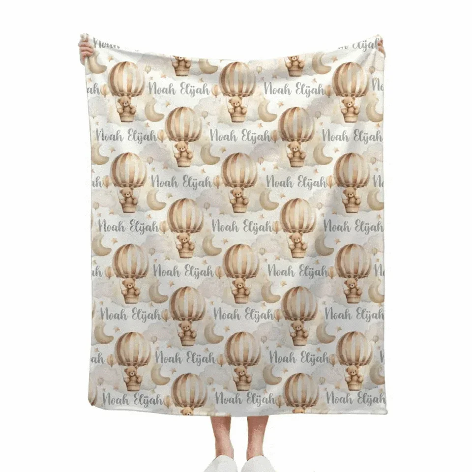 Personalized Custom Hot Air Balloon Baby Name Blanket, Hot Air Balloon Bear Blanket - Joliny