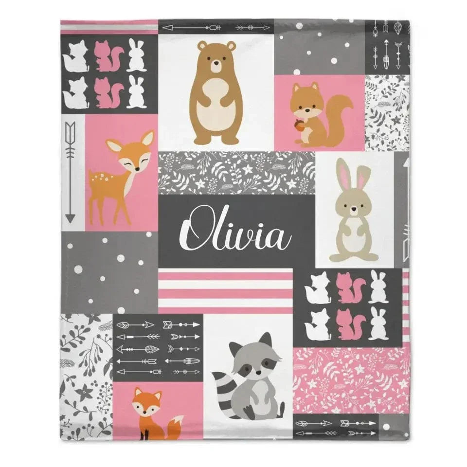 Personalized Custom Name Baby Blanket for Girl - Little Bear Rabbit Sika Deer Fox - Joliny