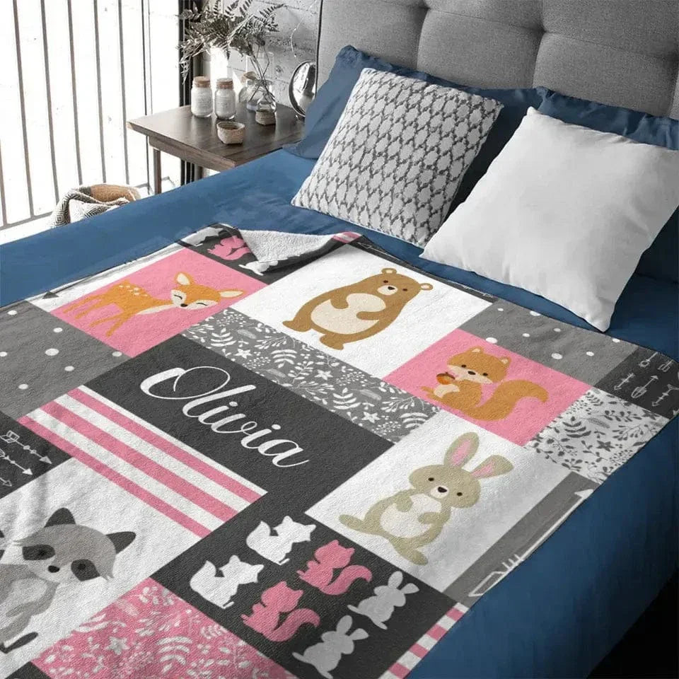 Personalized Custom Name Baby Blanket for Girl - Little Bear Rabbit Sika Deer Fox - Joliny