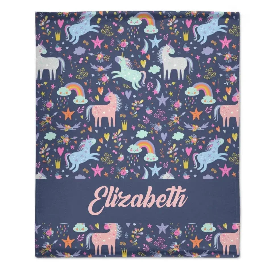 Personalized Custom Name Blanket - Clouds Raindrops Rainbow Stars Unicorn
