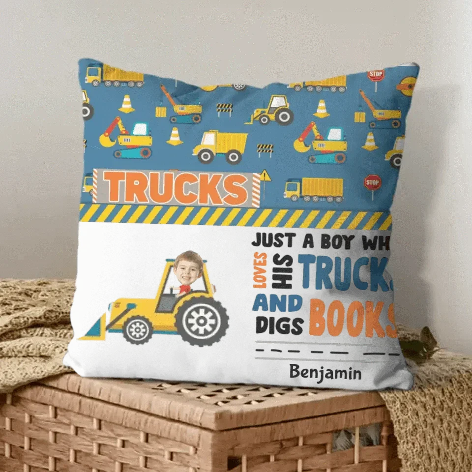 Personalized Custom Photo Pillow - Boy Loves Trucks And Digs Books