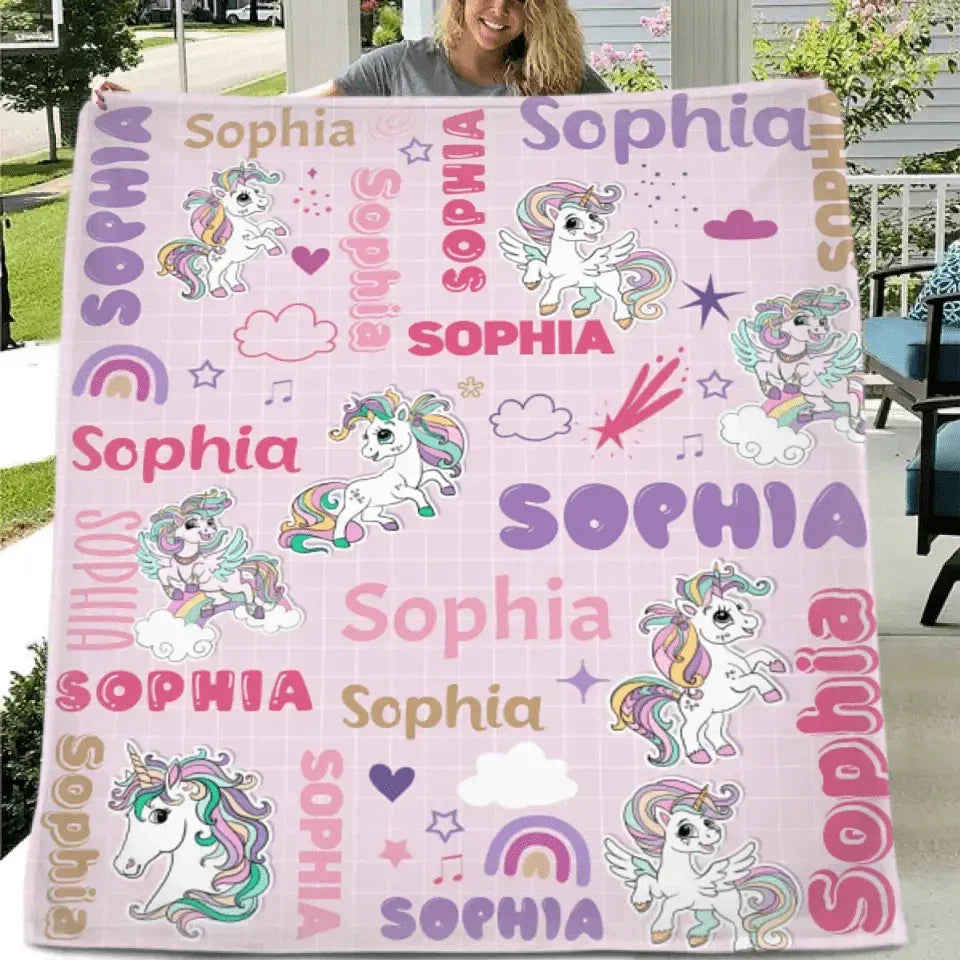 Personalized Custom Rainbow Unicorn Blankets for Kids - Gift for Girls Baby Birthday Shower Gift