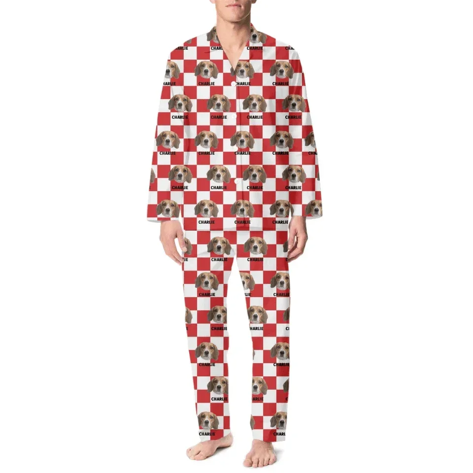 Personalized Customized Dog And Cat Face Photo Multi-Color Plaid Name Pajama Set - Joliny