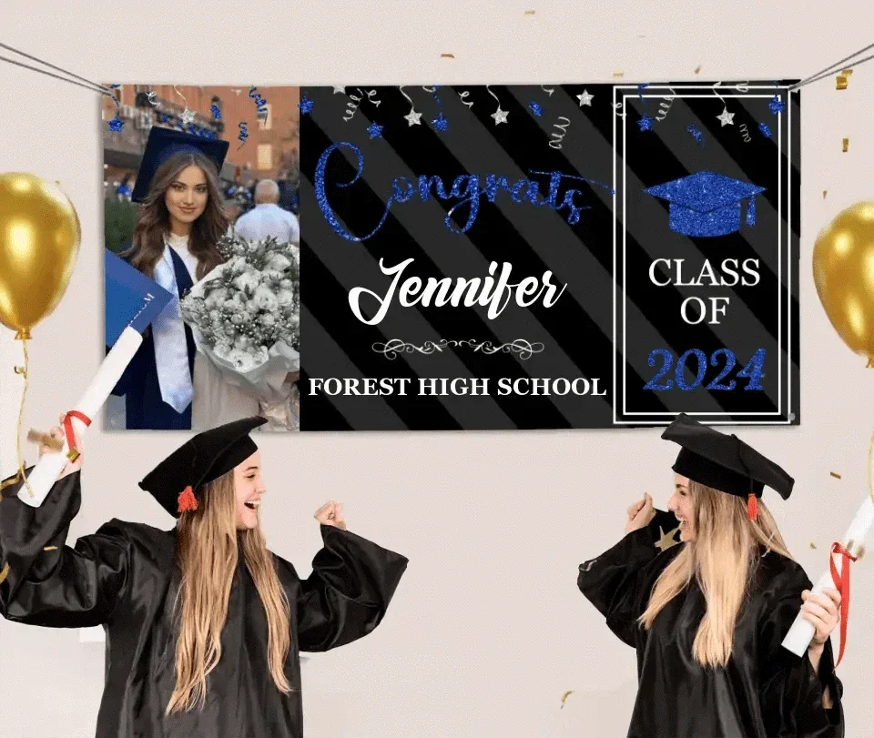 Personalized Graduation 2024 Banner with Glitter, Custom Photo Name - Joliny