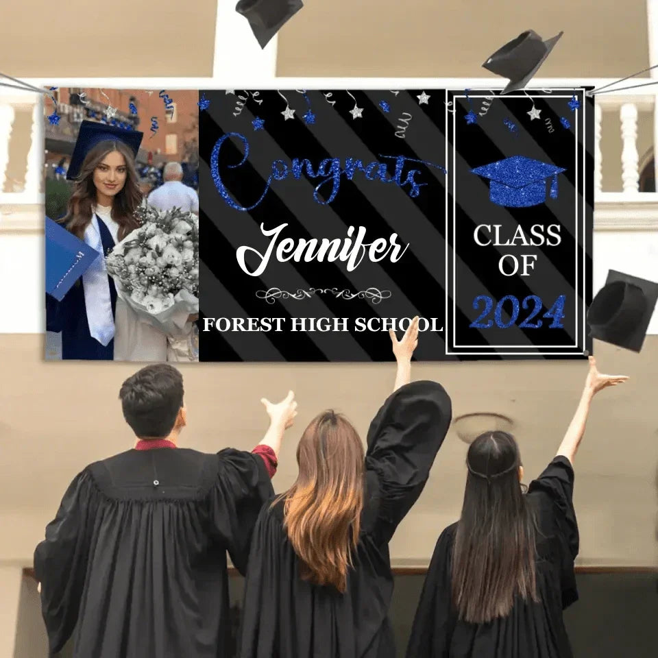Personalized Graduation 2024 Banner with Glitter, Custom Photo Name - Joliny