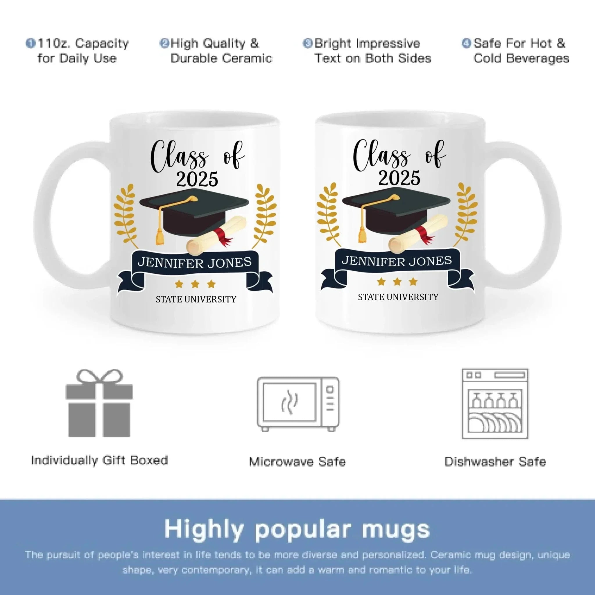 Personalized Graduation Gift Mug With Bachelor Cap, Class of 2025 - Joliny