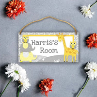Personalized Grey Name Door Sign - Animal Jungle Forest Giraffe Owl Elephant - Joliny