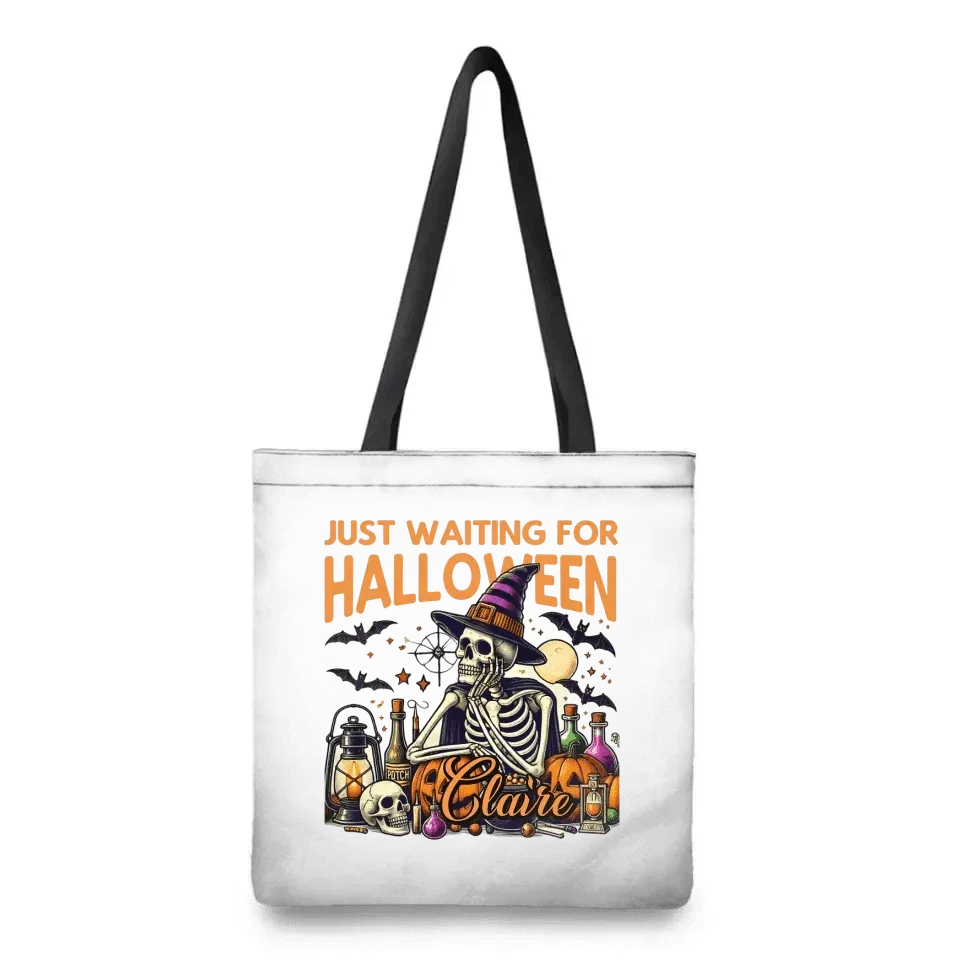 Personalized Just Waiting For Halloween Pumpkin Skull Reusable Canvas Tote Bag with Name Halloween Gift for Friend Family - Joliny