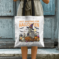 Personalized Just Waiting For Halloween Pumpkin Skull Reusable Canvas Tote Bag with Name Halloween Gift for Friend Family - Joliny