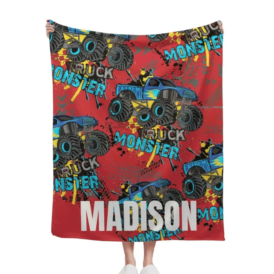 Personalized Monster Truck Name Custom Blanket, Customized Kids Birthday Gift Ideas