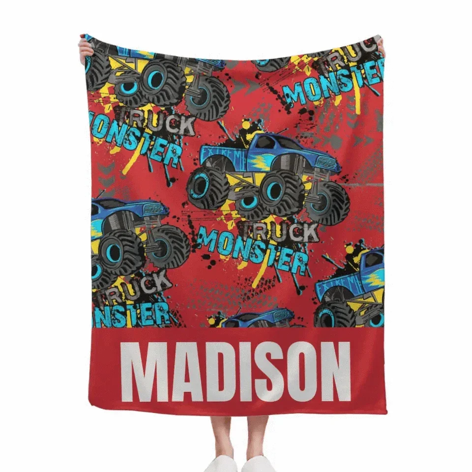 Personalized Monster Truck Name Custom Blanket, Customized Kids Birthday Gift Ideas