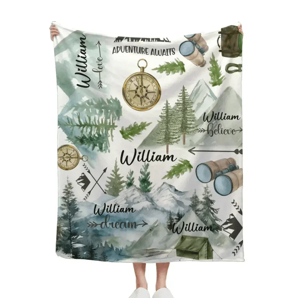 Personalized Mountain Camping Baby Name Blanket, Adventure Awaits Baby Blanket, Funny Gift Blanket - Joliny
