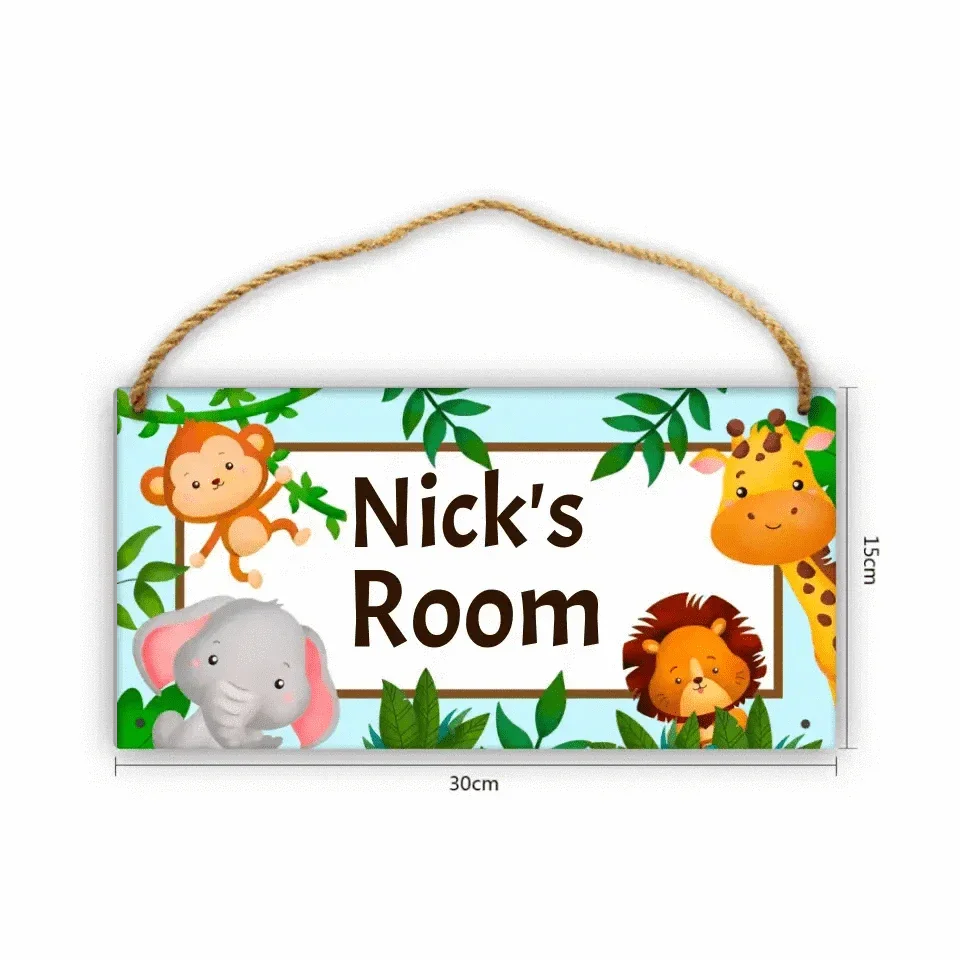 Personalized Name Baby Blue Jungle Animals Door Sign - Joliny