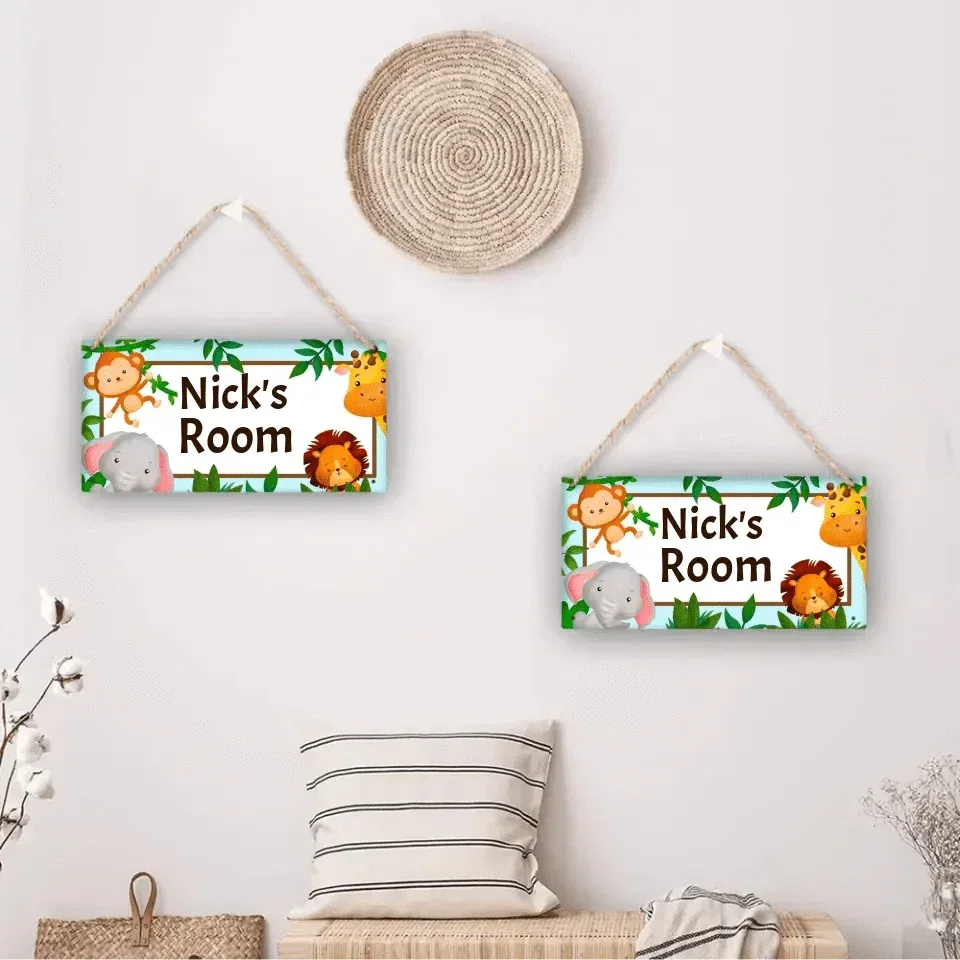 Personalized Name Baby Blue Jungle Animals Door Sign - Joliny