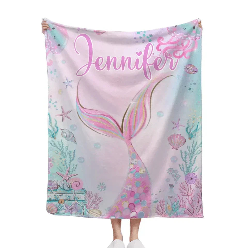 Personalized Name Mermaid Kids Blanket For Girls