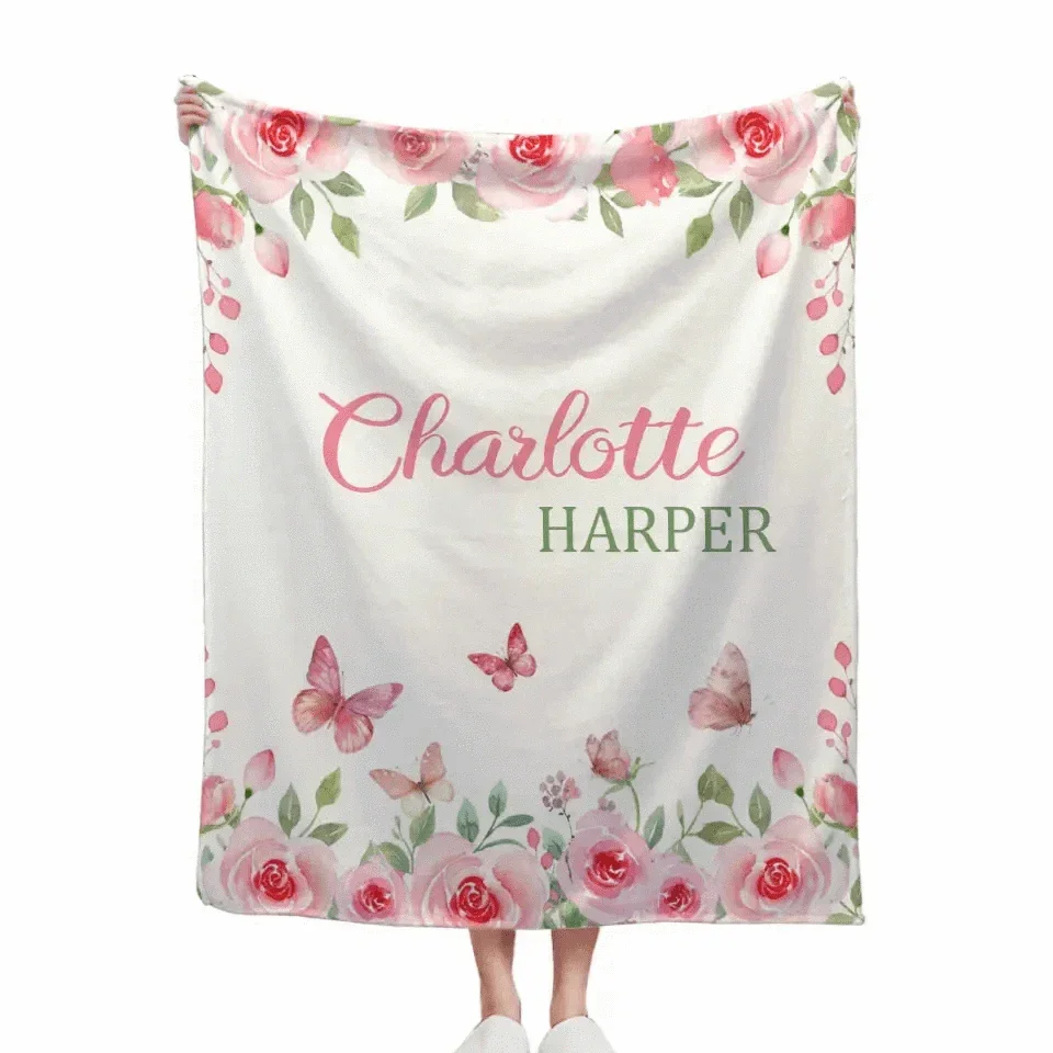 Personalized Name Pink Flower Blanket