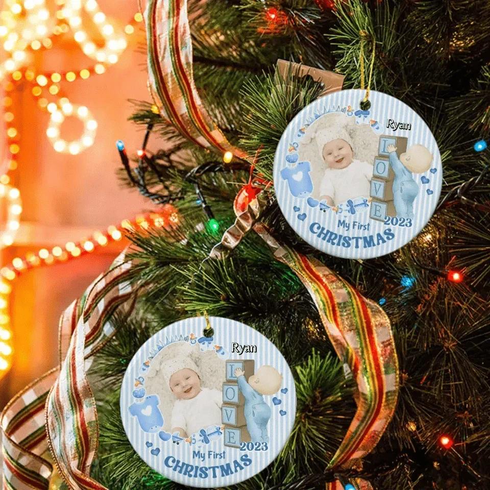 Personalized Newborn Gift Baby First Xmas Photo Ceramic Circle Ornament - Joliny